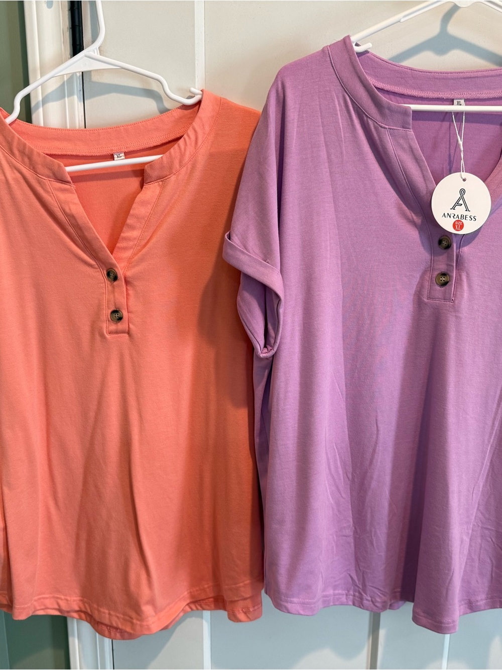 Women’s Short Sleeve Henley Top - Coral & Purple